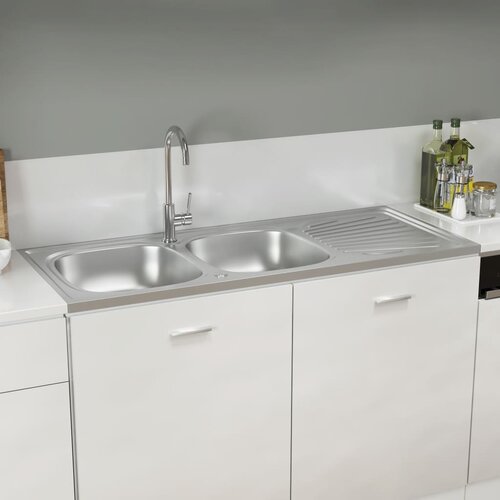 vidaXL Dvojno kuhinjsko pomivalno korito srebrno 1200x600x155 mm, (21822688) Cene
