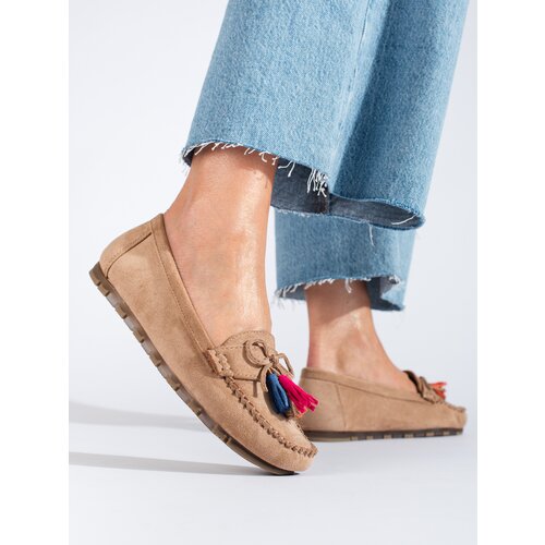 SHELOVET Light beige suede boho loafers with fringe Slike
