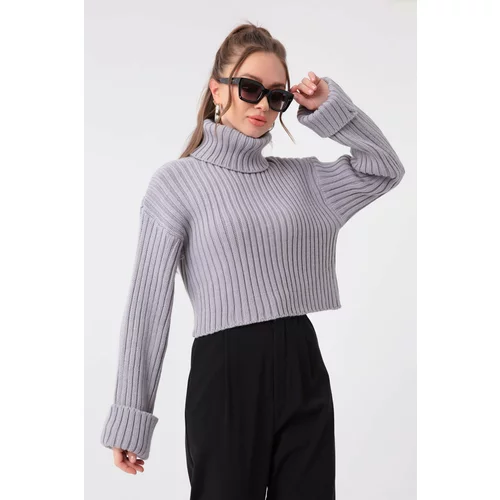 Lafaba Women's Gray Wide Ribbed Turtleneck Knitwear Crop Sweater