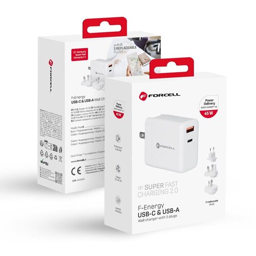 forcell f-energy TFK-TC-45WPDAC kućni punjač 3u1 type c + usb a pd QC4.0 3A 45W sa zamenjivim prikljuccima (eu / uk / us) beli Cene
