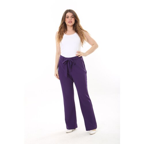 Şans Women's Plus Size Purple Side Pockets Belted Lycra Classic Trousers Cene