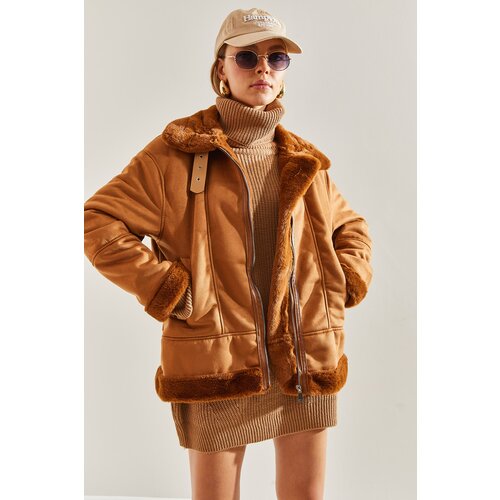 Bianco Lucci Women&amp;#039;s Pile Collar Buckled Intermediate Suede Coat Slike