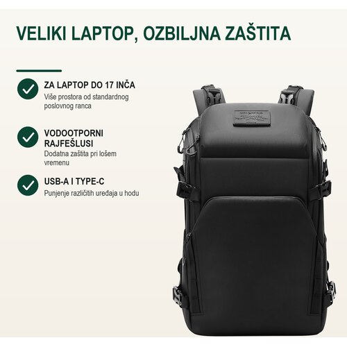 Bruno Poslovni i outdoor ranac Black Rock, Laptop 17&amp;quot;, USB-A i Type-C, Vodootporni rajsfer&amp;scaron;lusi, Crni Slike