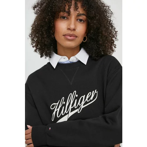 Tommy Hilfiger Bombažen pulover ženska, črna barva