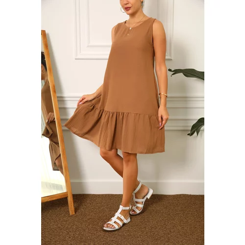 armonika Women's Brown Linen Look Textured Sleeveless Frilly Skirt Dress