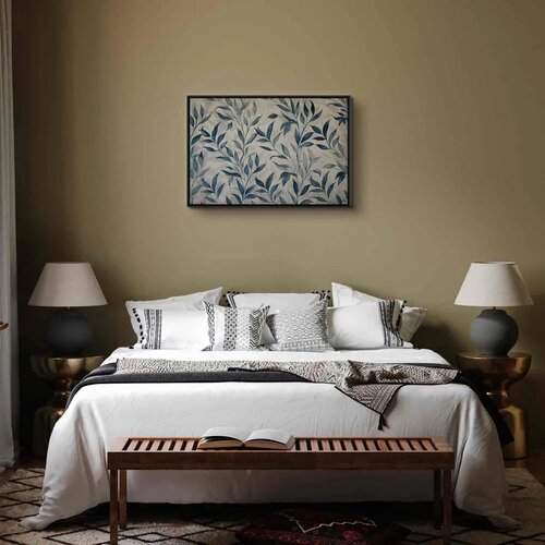  Slika - Leaves in Blue Color Delicate Botanical Motif 120x80 U crnom drvenom okviru Slike