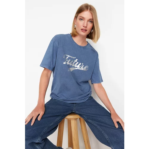 Trendyol Indigo Slogan Printed Relaxed/Comfortable Fit Crew Neck Washable Knitted T-Shirt