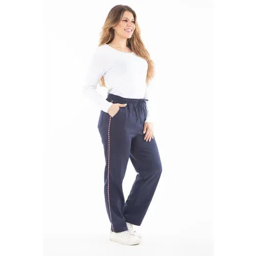 Şans Women's Plus Size Navy Blue Piping Detailed Pocket Tracksuit Bottom