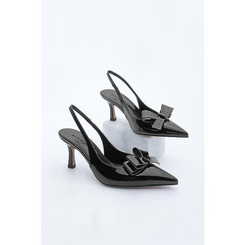 Marjin Women's Stiletto Bow Open Back Scarf Heeled Shoes Torney Black Patent Leather Slike