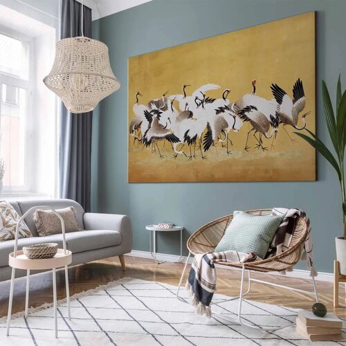  XXL slika - Japanese cranes - a flock of birds against a golden background based on a painting by Ishida Yūtei 140x93 Slike