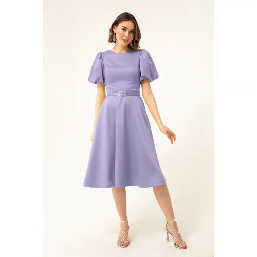 Lafaba Women's Lilac Mini Satin Evening Dress with Balloon Sleeves and Stones.