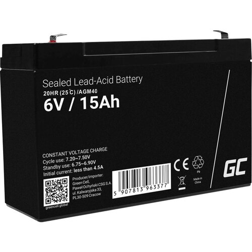 Green cell AGM40 svinčeni akumulator 6 v 15 ah svinčevo-koprenast (&amp;scaron; x v x g) 151 x 100 x 94 mm plo&amp;scaron;čati vtič\, 6\,35 mm obstojnostni cikel\, brez vzdrževanja, (20438491) Slike