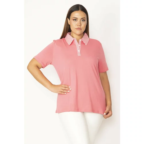 Şans Women's Plus Size Pink Cotton Fabric Polo Neck Front Pat Buttoned Blouse
