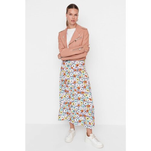 Trendyol Lilac Floral Patterned High Waist Viscose Skirt Slike
