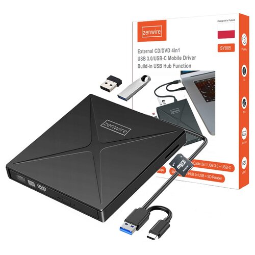 Zenwire SY885 4v1 zunanji prenosni DVD/CD RW pogon z USB 3.0 in USB-C, USB hub (2x) in SD/microSD čitalnikom, (5000195807) Cene