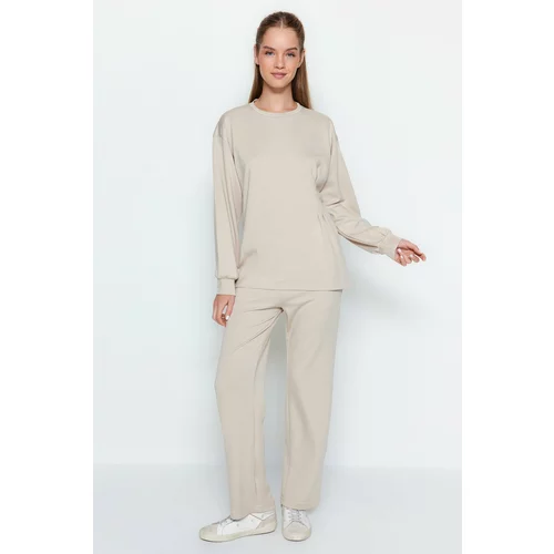 Trendyol Stone Cotton Tunic-Pants Knitted Top and Bottom Set