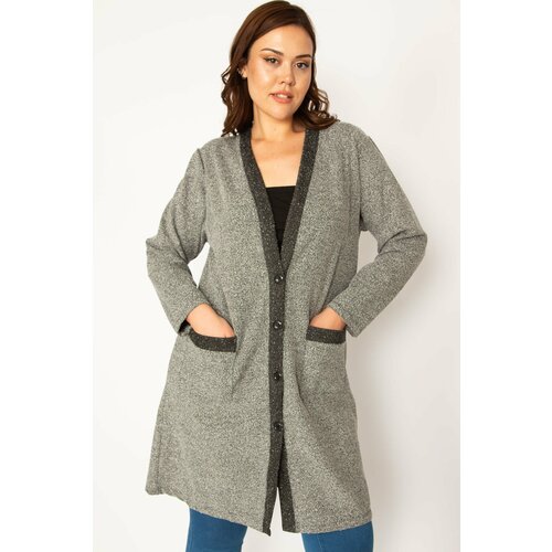 Şans Women's Plus Size Gray Marked Boucle Fabric Unlined Pocket Jacket Slike