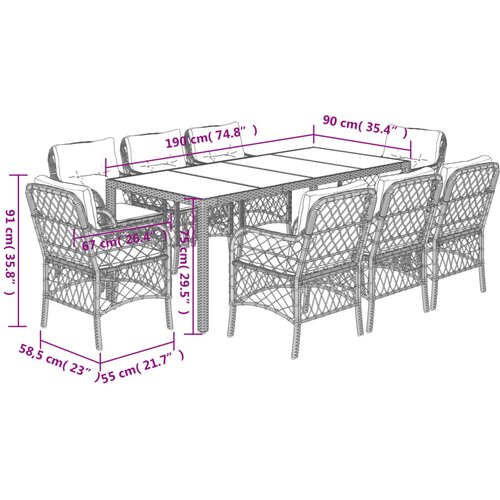  9-dijelni vrtni blagovaonski set s jastucima crni od poliratana Crna 190 cm table length Slike
