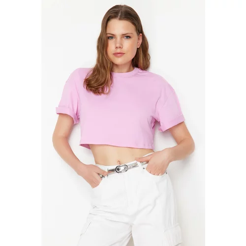 Trendyol Pink 100% Cotton Cut Detail Relaxed Cut Crop Knitted T-Shirt