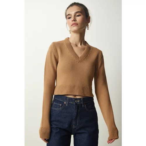 Happiness İstanbul Women's Biscuit V-Neck Crop Knitwear Sweater