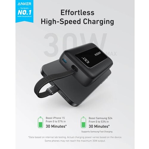 Anker Zolo Powerbank 10000 mAh, 30W z vgrajenim kablom USB-C, črn Cene