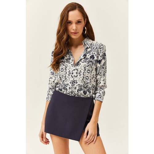 Olalook Women's Ecru Navy Blue Patterned Shirt Slike