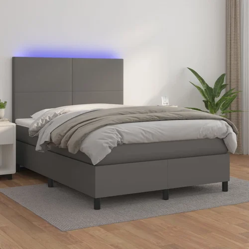 The Living Store Box spring postelja z vzmetnico LED siva 140x200cm umetno usnje - Box Spring Postelja, (21520041)