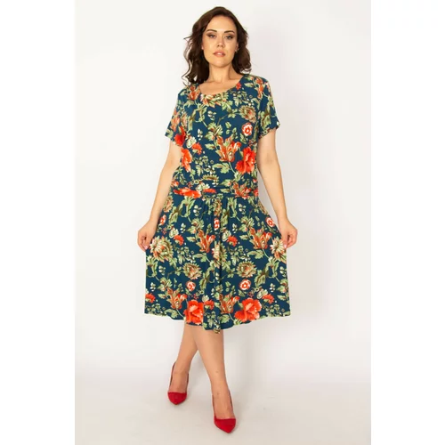 Şans Women's Plus Size Colorful Waist Draped Floral Patterned Dress