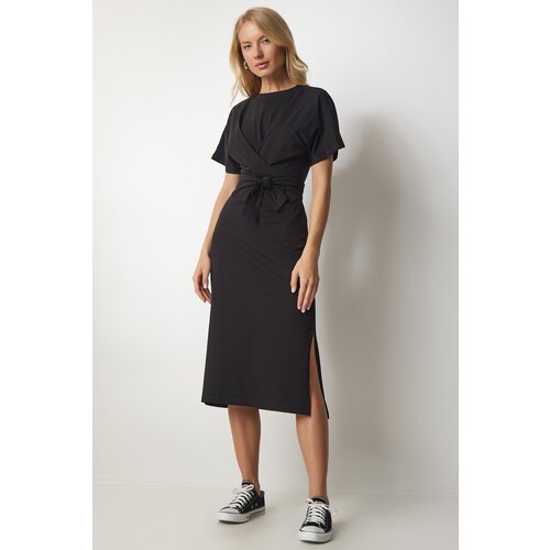  Women&amp;#039;s Black Belted Slit Knitted Dress Slike