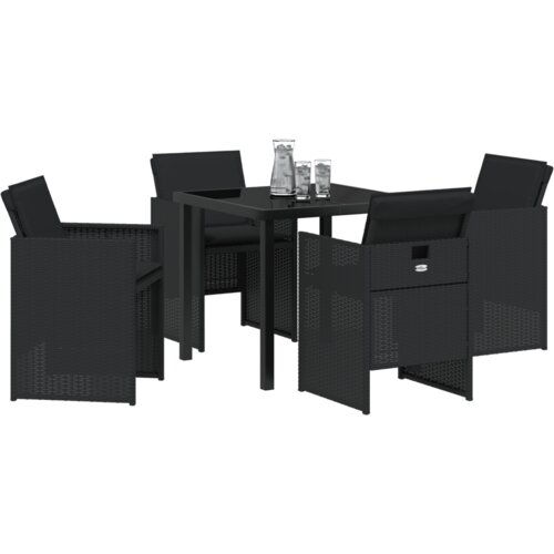 VidaXL Set za vrtno blagovanje od 5 komada s jastučićima crna poly ratan, Vrtni stol crn 80x80x73 cm kaljeno staklo Slike