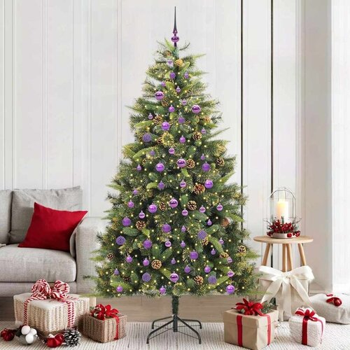  Umjetno Drvo za Božić s &Scaron;i&scaron;arkama Zelena 210 cm - 210 cm s LED-ima i ljubičastim kuglicama Cijene