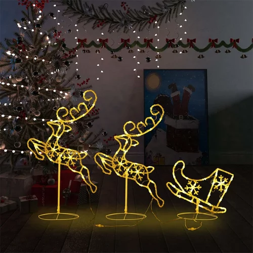 vidaXL božična leteča jelena in sani akril 260x21x87 cm toplo bela
