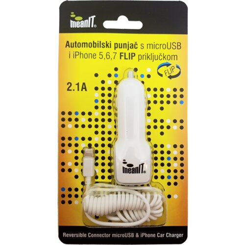 Meanit Auto punjač za pametne telefone i iPhone, 2.1A, FLIP konektor Slike
