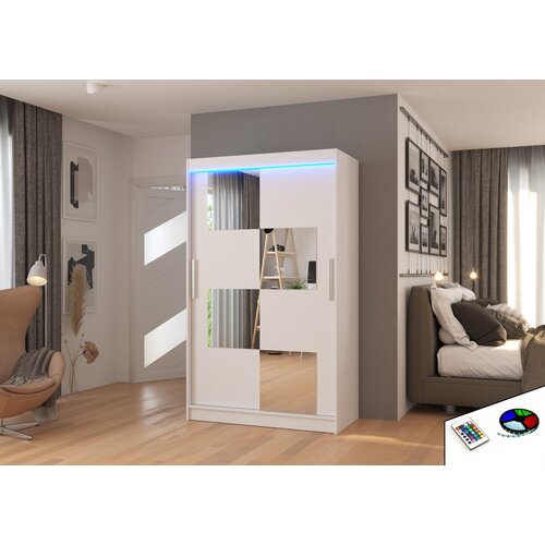 ADRK Klizni ormar s ogledalom i LED rasvjetom LUGANO, 120 cm - BIJELA Slike