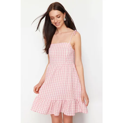 Trendyol Pink Checked Straight Cut Ruffle Mini Woven Dress