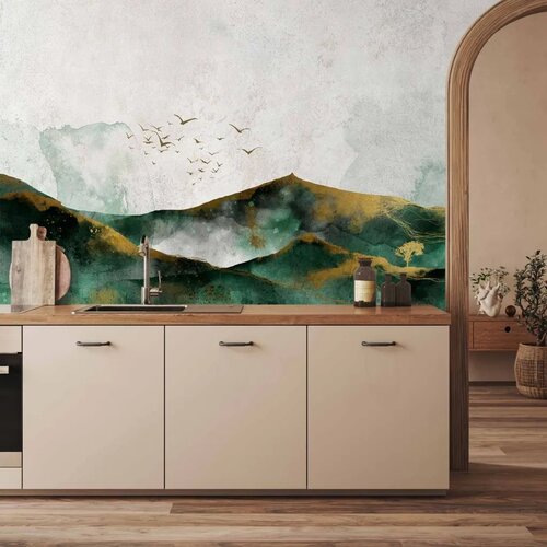  Foto tapeta - Abstract landscape - green mountains with golden patterns and birds 200x140 Vodootporna Cene