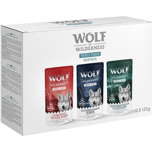 Wolf of Wilderness "Triple Taste" 12 x 125 g Mješovito pakiranje: Canadian Woodlands, Scandinavian Fjords, Mediterranean Coastlines Cijene