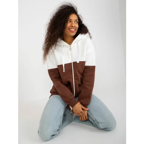 Fashionhunters Ecru-brown basic long sweatshirt with zipper