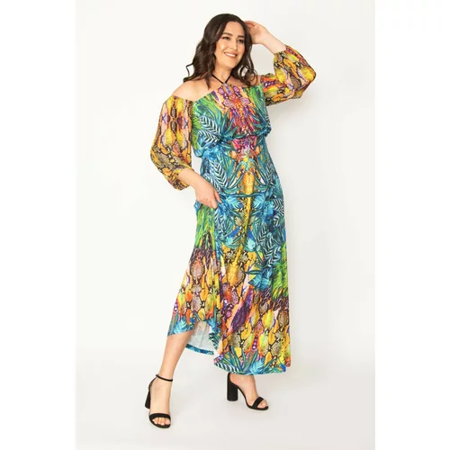Şans Women's Plus Size Colored Halter Sleeve Detailed Colorful Dress