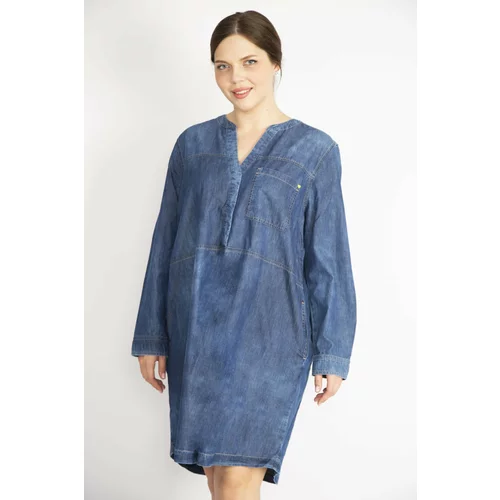 Şans Women's Navy Blue Plus Size Wash Effect Front Pat and Snap Buttoned Denim Dress
