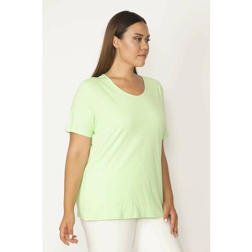 Şans Women's Plus Size Green Cotton Fabric Crew Neck Short Sleeve Blouse Slike