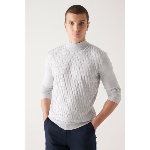 Avva Men's Light Gray Knitwear Sweater Half Turtleneck Front Textured Cotton Regular Fit Slike