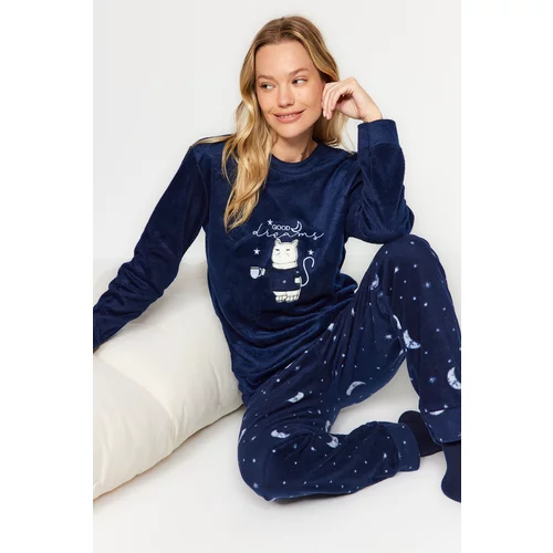 Trendyol Navy Blue Cat Printed Velvet Tshirt-Pants and Knitted Pajamas Set