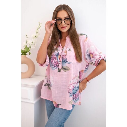 Kesi Włoski Women's cotton blouse with a floral pattern candy pink Cijene