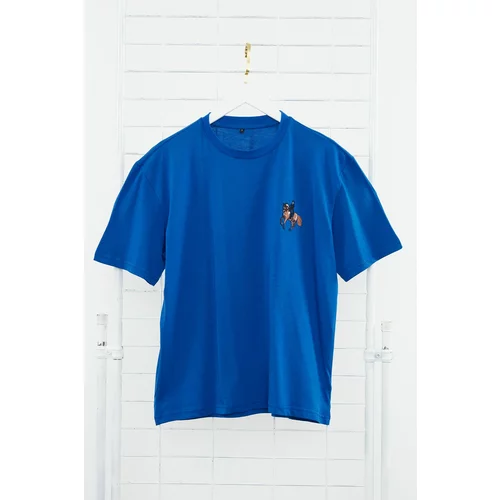 Trendyol Indigo Relaxed/Relaxed Cut Horse/Animal Embroidered Short Sleeve 100% Cotton T-Shirt
