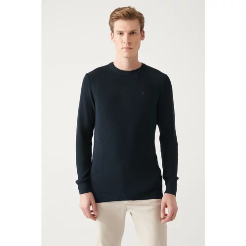 Avva Men's Navy Blue Crew Neck Jacquard Slim Fit Slim Fit Knitwear Sweater