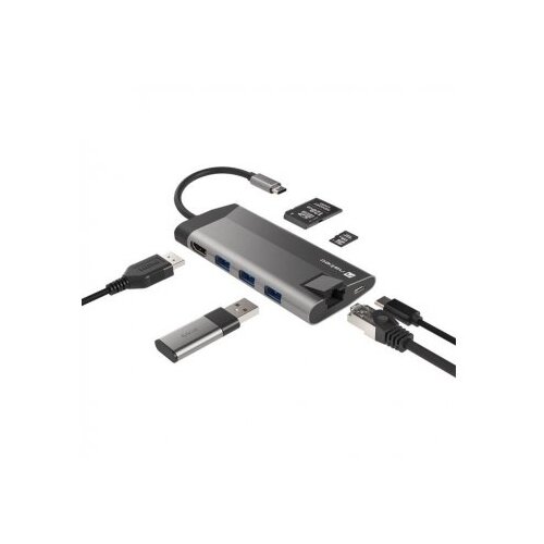  Fowler plus, usb type-c 6-in-1 multi-port adapter (USB3.0 hub + hdmi + pd + sd/microsd card reader + gigabit lan), max. output 100W, grey Slike