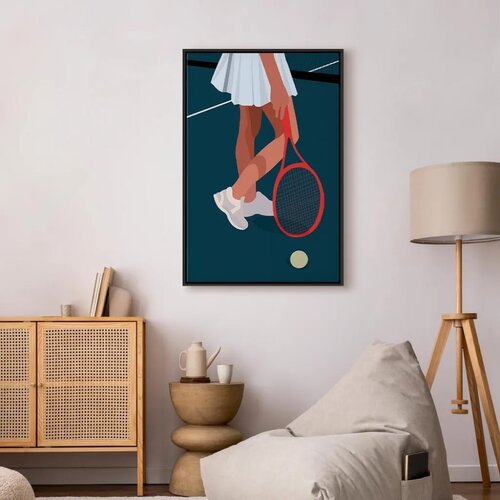  Slika - Female Tennis Player With a Red Racket on the Court - Graphics 60x90 U crnom drvenom okviru Slike