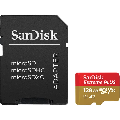 San Disk Extreme PLUS microSDXC 128GB + SD Adapter branje 200MB/s & pisanje 90MB/s A2 C10 V30 UHS-I U3