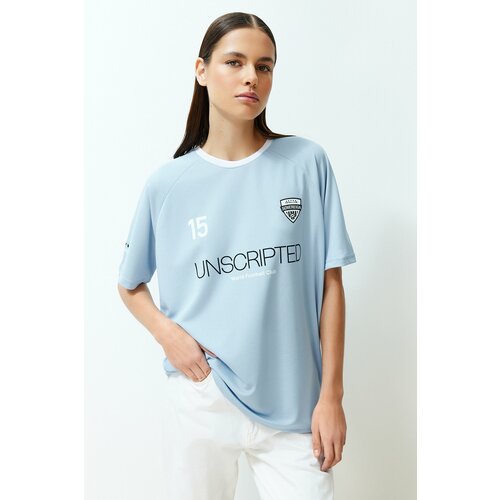 Trendyol Blue Oversize/Wide Fit Motto Printed Knitted T-Shirt Cene